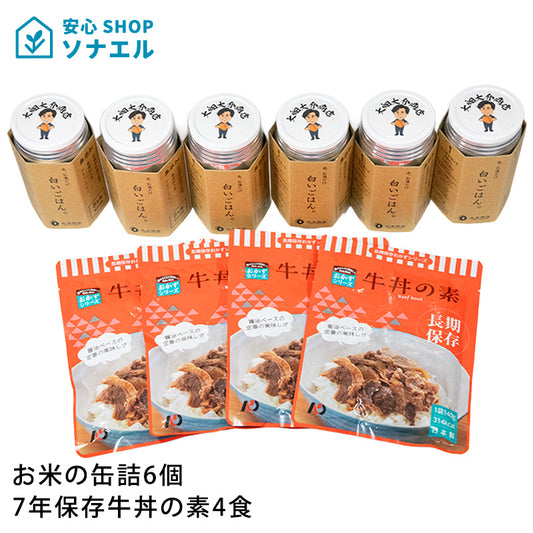 【送料無料】お米の缶詰6個・7年保存牛丼の素4食