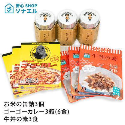 【送料無料】お米の缶詰3個・ゴーゴーカレー3箱(6食)・牛丼の素3食