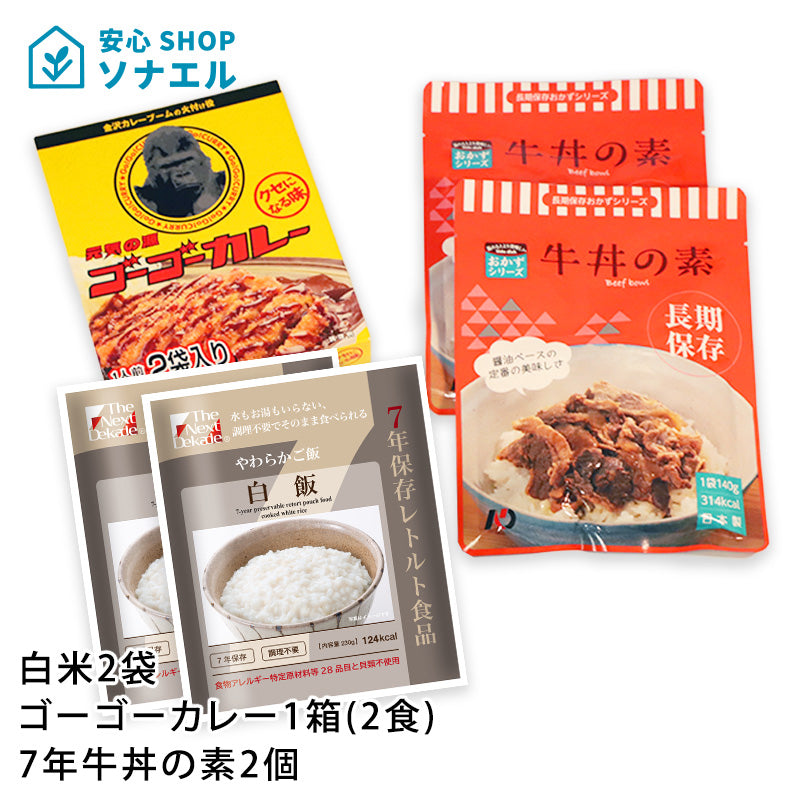 【送料無料】7年白飯2個・ゴーゴーカレー1箱・7年牛丼の素2個